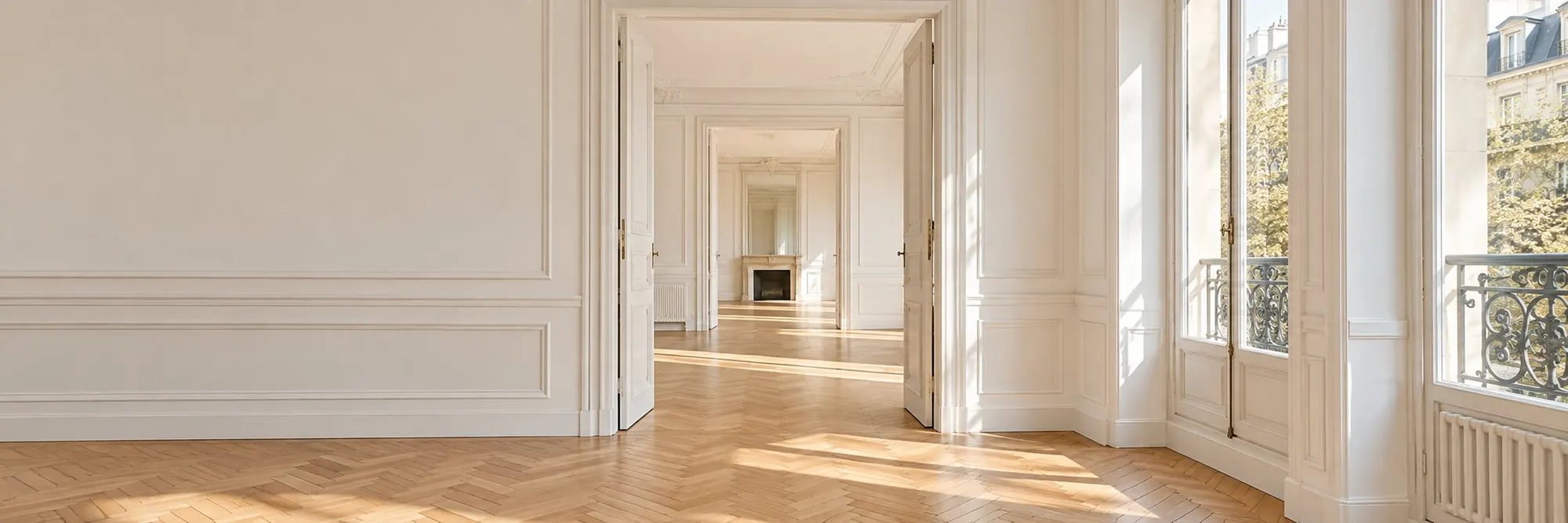 Enfilade de pièces lumineuses dans un appartement ancien rénové