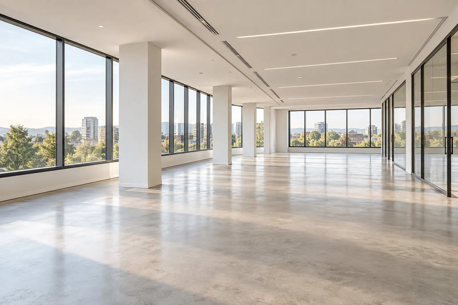 Plateau de bureaux vide et lumineux