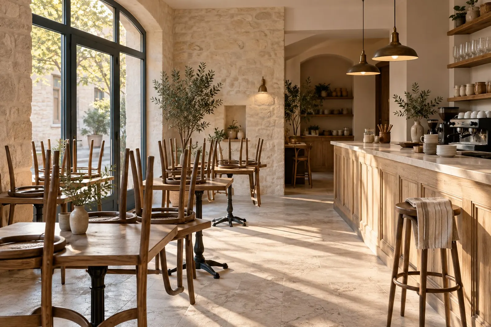 Intérieur d’un café au petit matin, sans enseigne