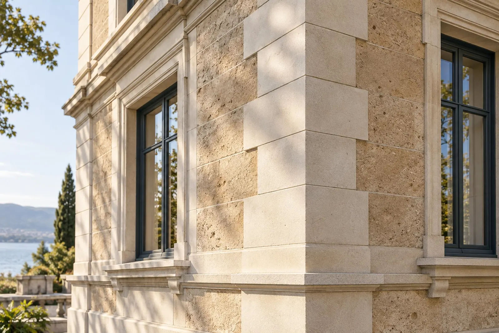 Angle d’immeuble en molasse et pierre de taille