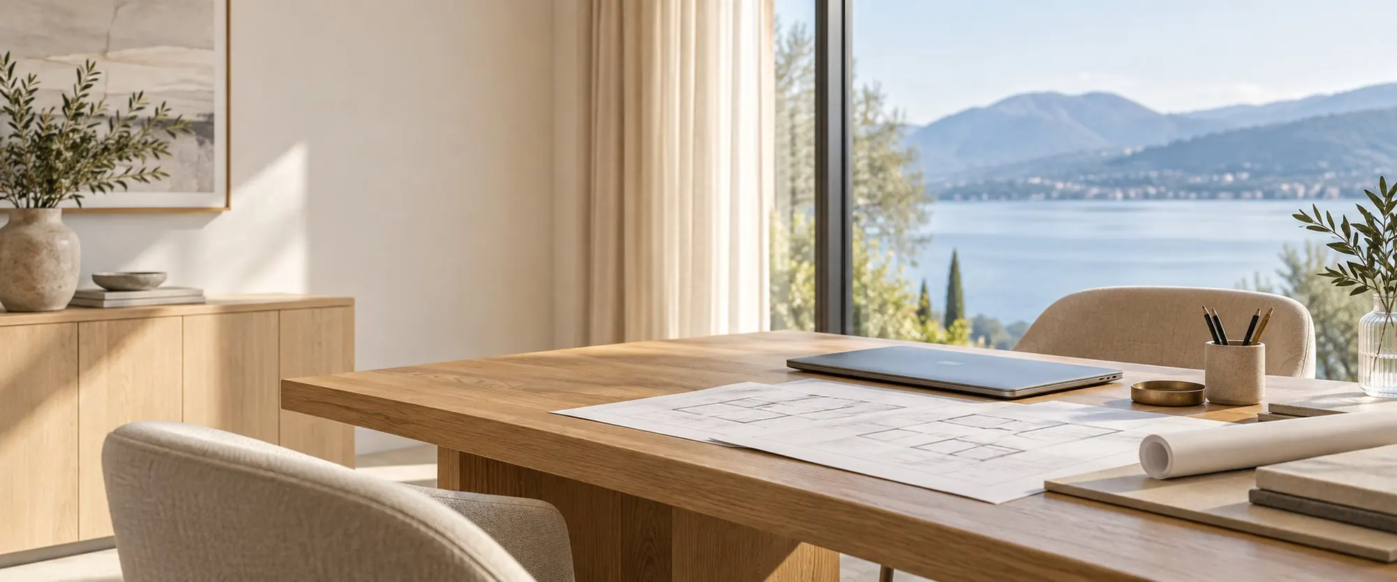 Bureau clair avec vue sur le lac
