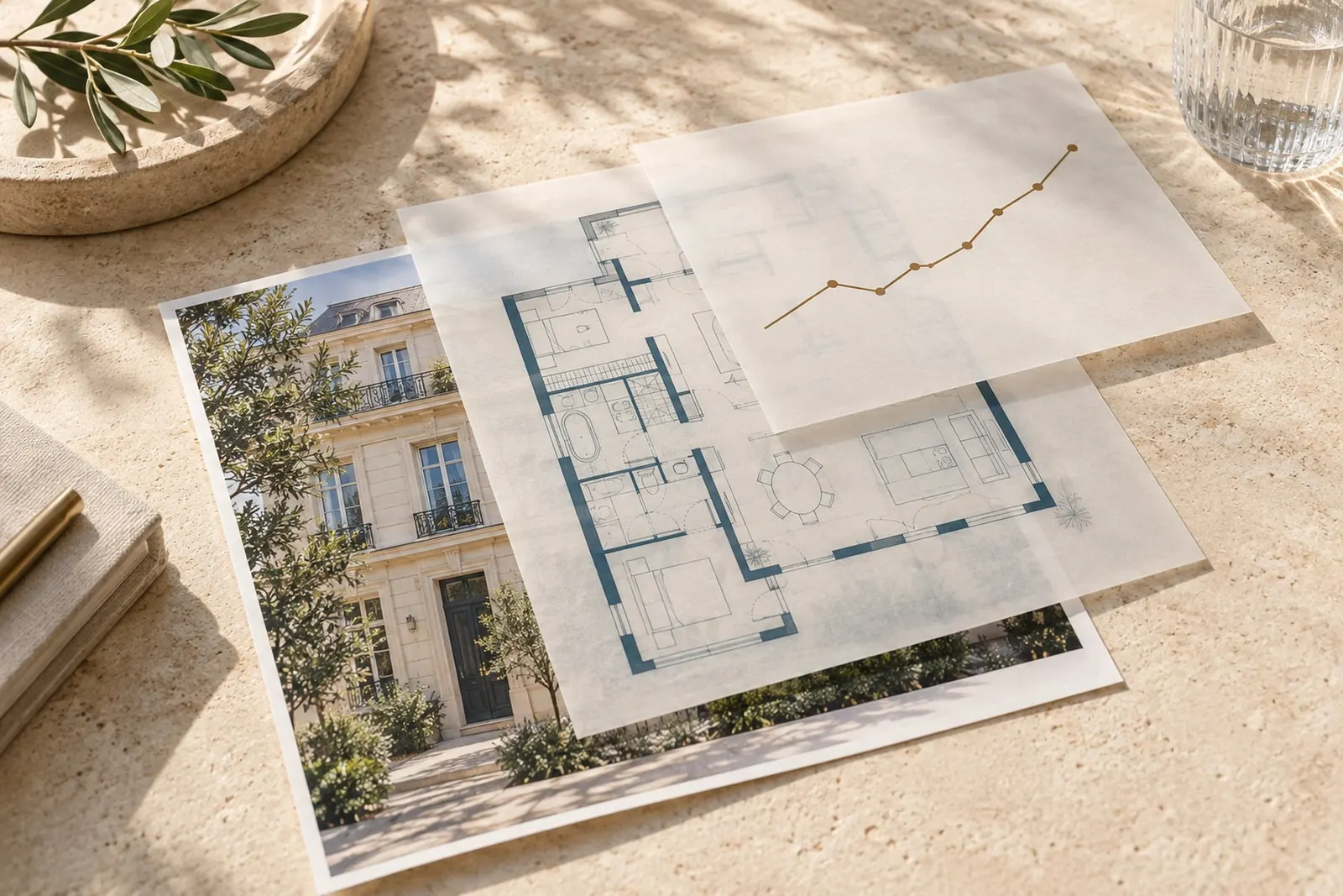 Trois calques superposés : façade, plan et courbe de prix