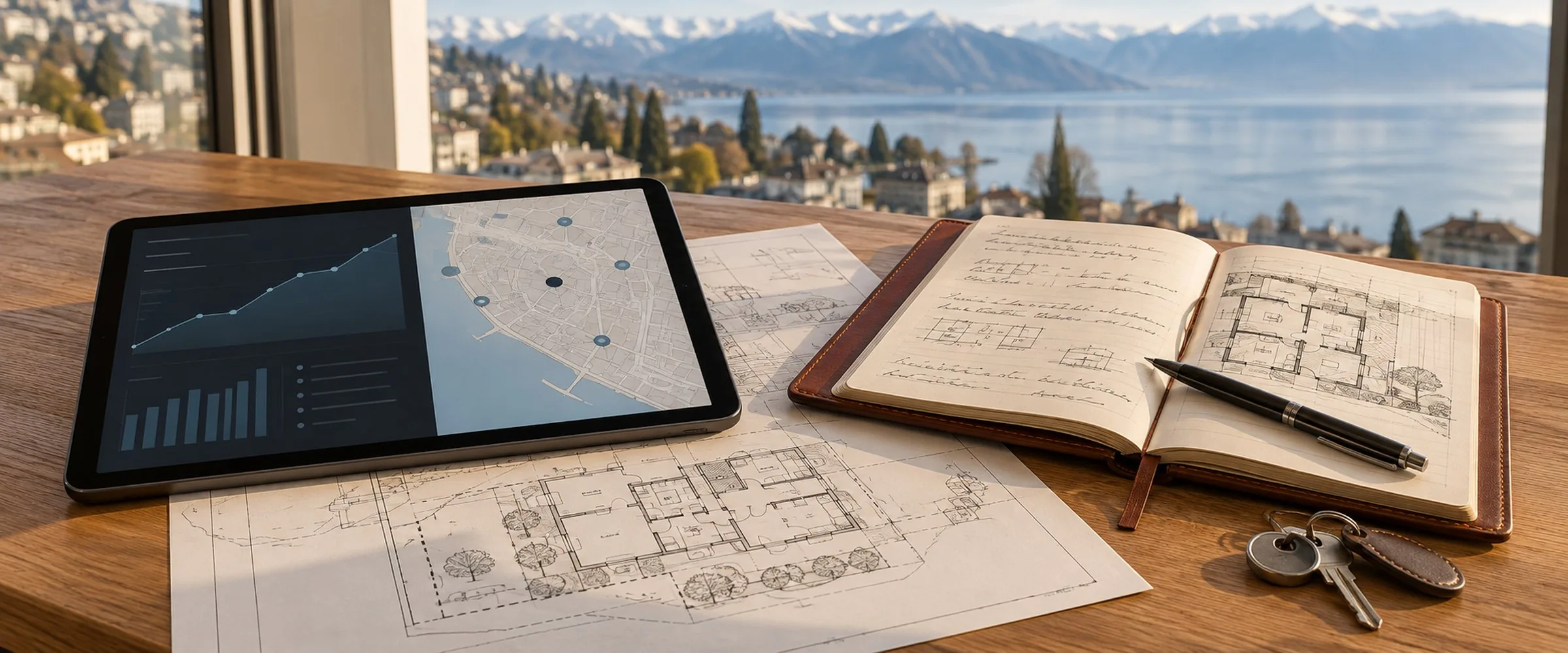 Sur une table face au Léman, une tablette d’analyse et le carnet du courtier ouverts sur le même plan