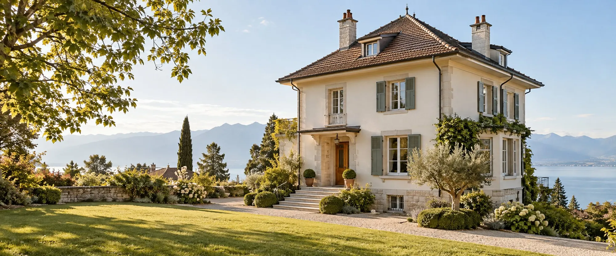 Villa vaudoise dans les vignes, lac au loin