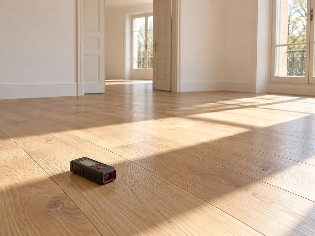 Mètre laser posé sur le parquet